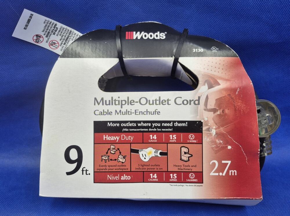 WOODS Outdoor Heavy Duty Multiple Outlet Cord 9ft 14 Guage 15 Amps 3130 NEW